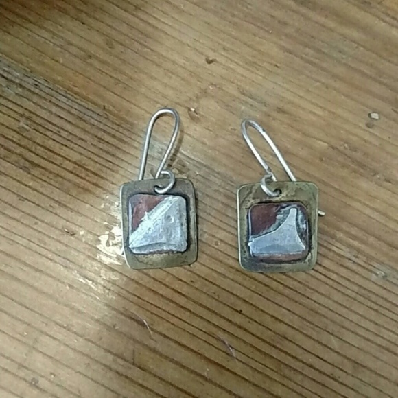 Abstract Modern Brass, Copper + Silver Earrings - Picture 1 of 4